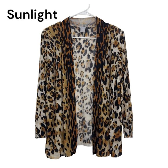 Chicos SZ 2 Leopard Print Open Front Cardigan Sweater Womens Size L 3/4 Sleeve - Picture 1 of 11
